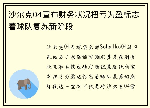 沙尔克04宣布财务状况扭亏为盈标志着球队复苏新阶段 沙尔克04宣布财务状况扭亏为盈标志着球队复苏新阶段